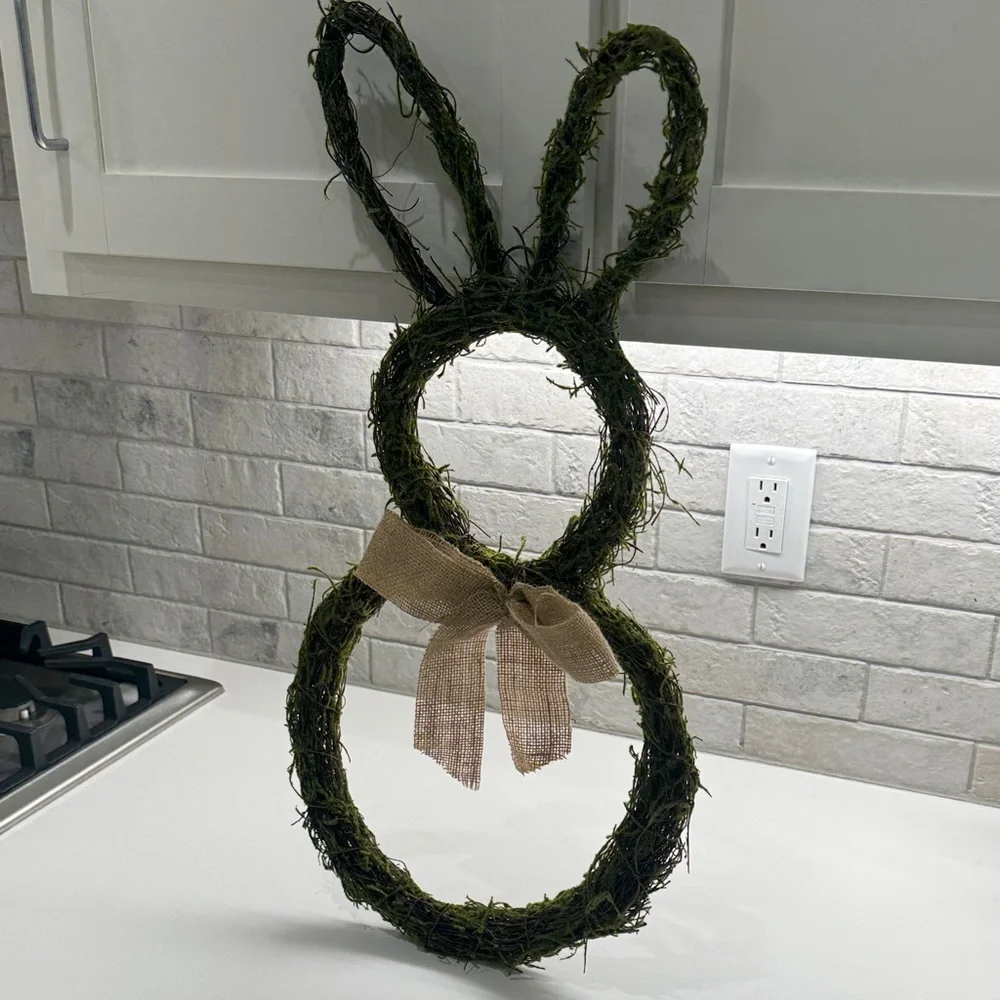 Rustic Green Bunny Wreath with Burlap Bow - Home Holiday Decor